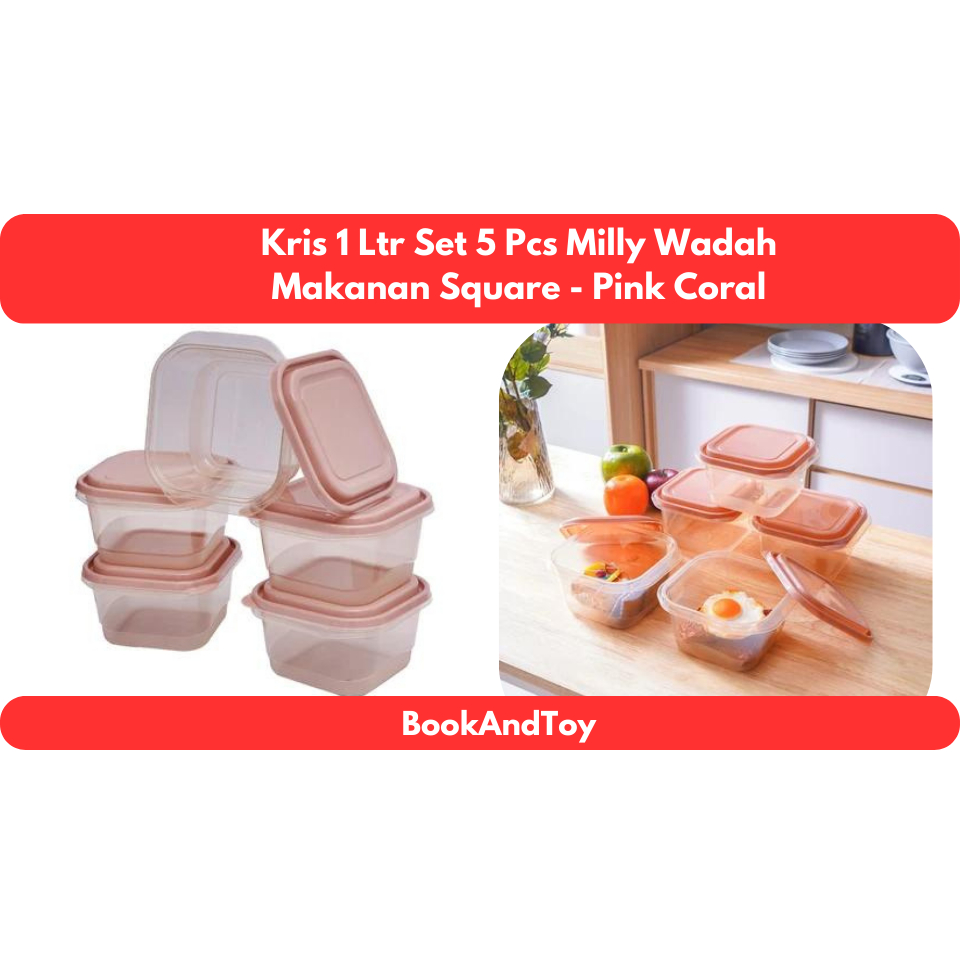 Kris 1 Ltr Set 5 Pcs Milly Wadah Makanan Square - Pink Coral
