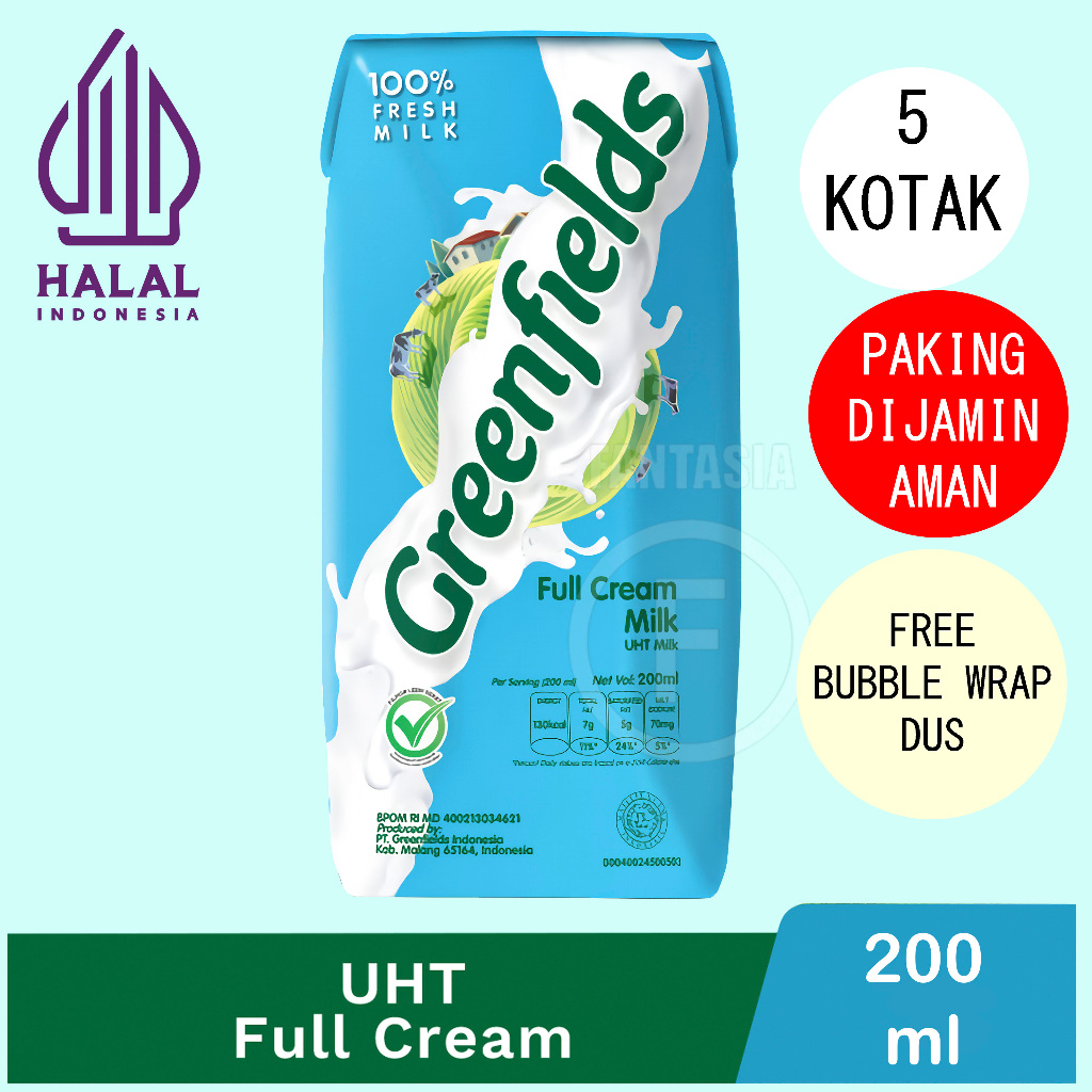 

GREENFIELDS SUSU UHT FULLCREAM 200ML PACK 5 PCS FANTASIA PAKING JAMIN AMAN