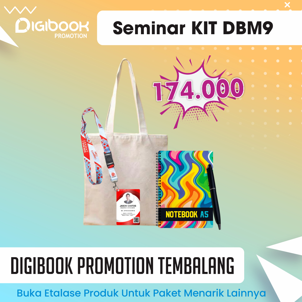 

Totebag Kanvas, Notebook Hardcover A5, Jam Meja Digital, Idcard + Lanyard, Pulpen Besi | Paket Seminar Kit Isi 5 | DBM9