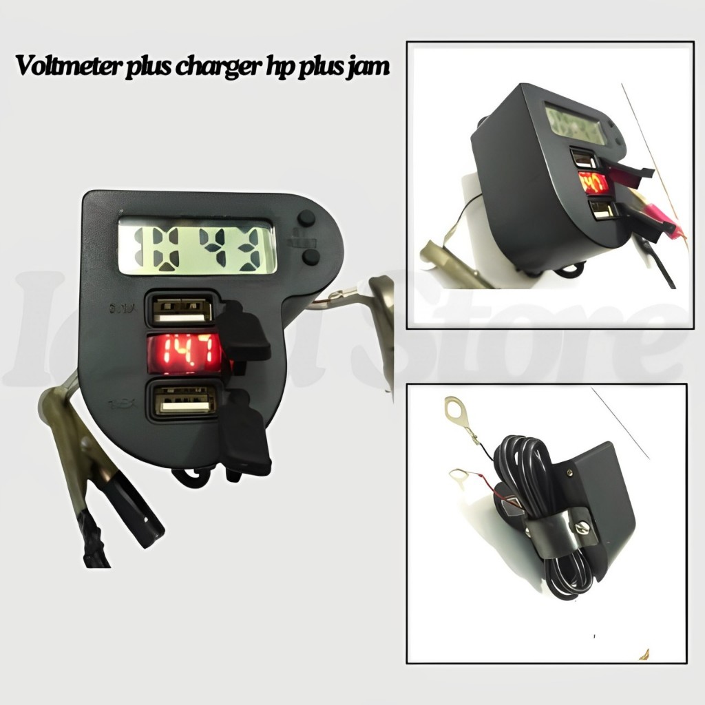 Voltmeter Charger hp USB,jam digital 3in1 plus breket.holder motor dan mobil
