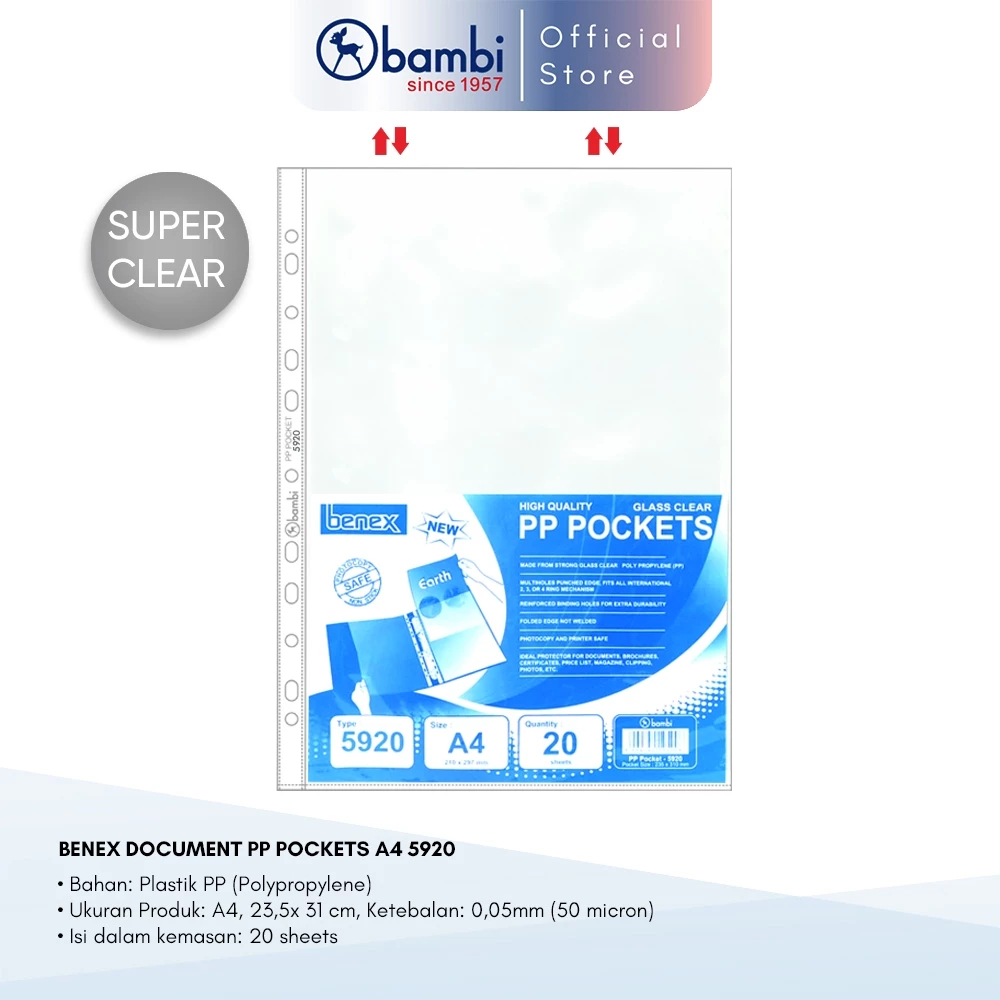 

Benex Document Pocket Transparant Sleeve A4 Tebal 0.050 mm kode 5920