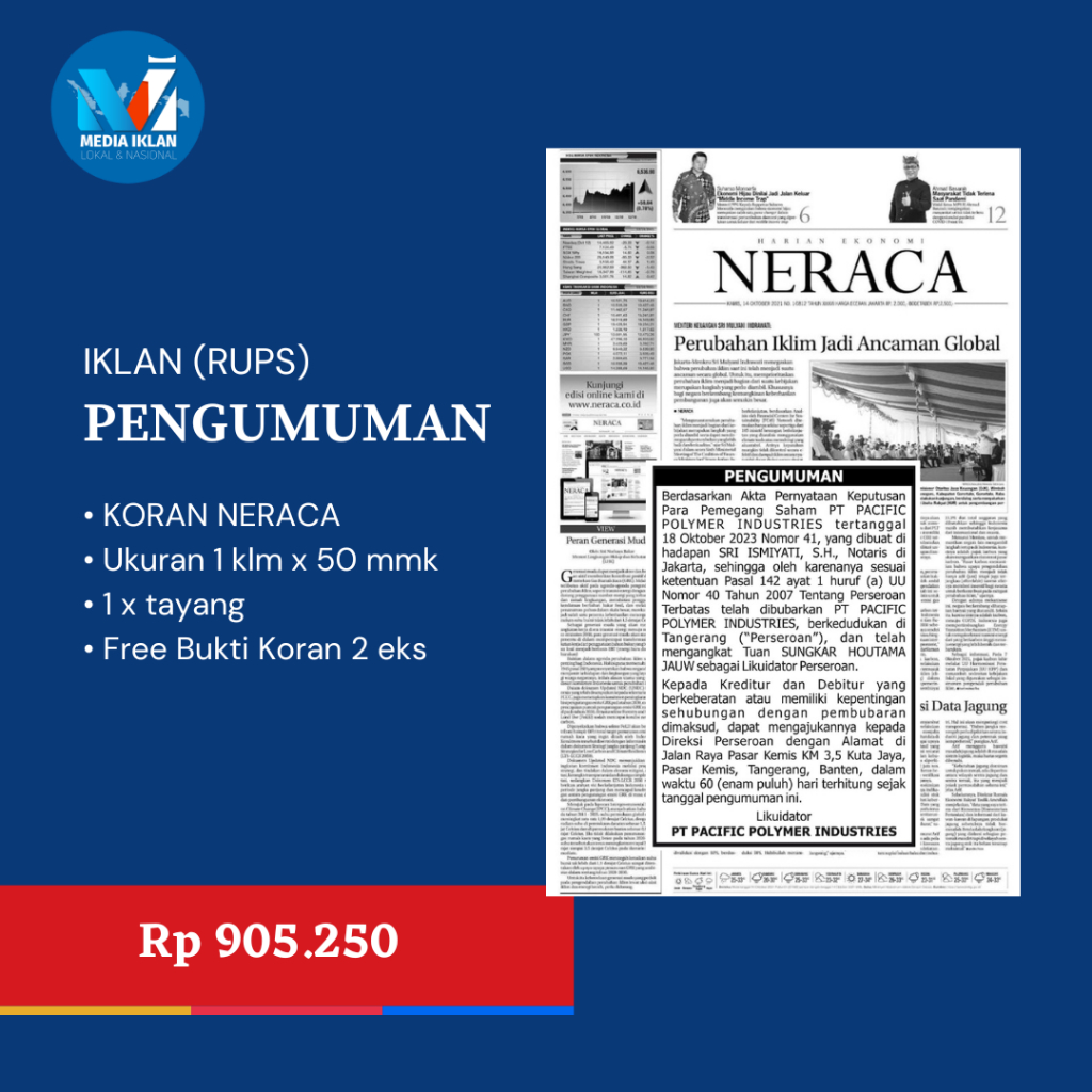 IKLAN KORAN NERACA PENGUMUMAN RUPS 1X50