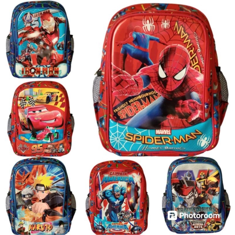 Tas sekolah anak TK/SD , Tas printing anak laki-laki karakter SPIDERMAN/IRONMAN/CAPTAINAMERICA/TRANS