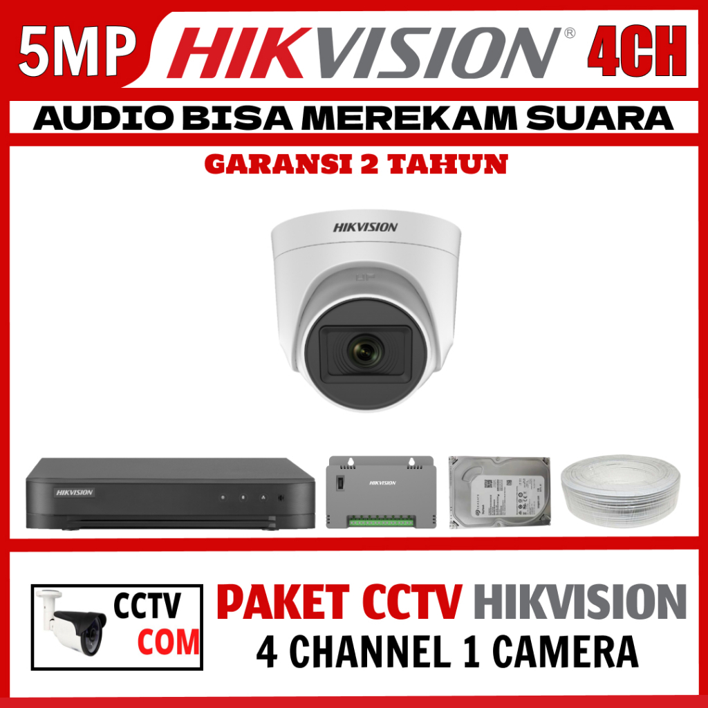 PAKET CCTV HIKVISION 5MP 4 CHANNEL 1 CAMERA TURBO HD KAMERA CCTV TURBO HD