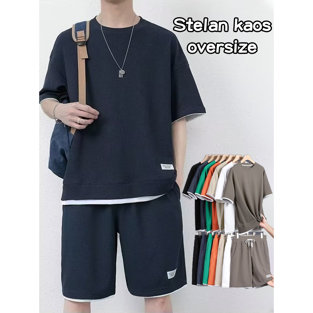 12H Kirim-one set korean style baju kaos oversize pria+celana pendek pria jumbo=baju setelan pria