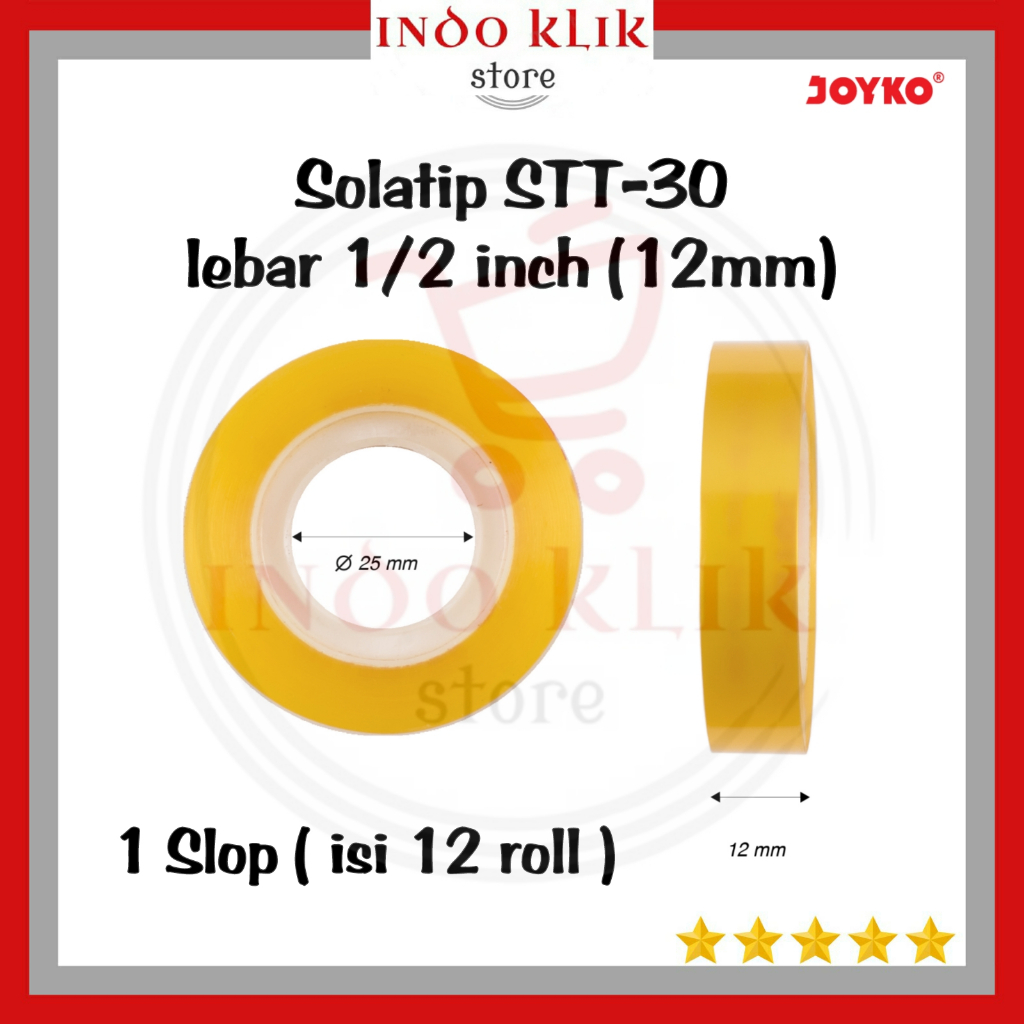 

Solatip Joyko STT-30 lebar 12 mm / Stationery Tape 1/2 inch / Selotip Kado 1 cm Transparant panjang 33 Meter 1 Slop Isi 12 Rol