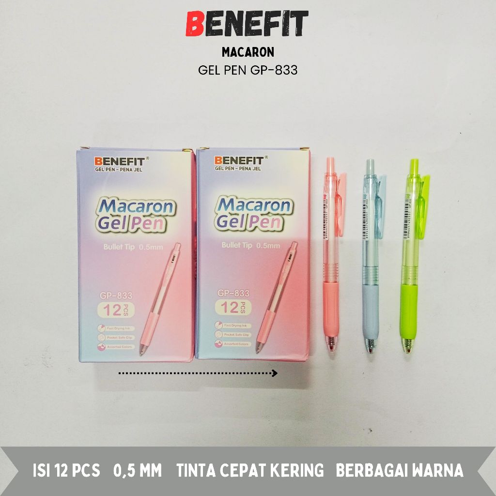 

Bulpen Gel /Pen Gel / Pulpen Gel Benefit Macaron GP-833 0.5mm Isi 12 Pcs Tinta Warna Hitam