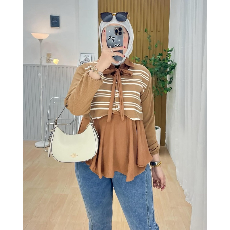 atasan babydoll salur kaos knit rajut