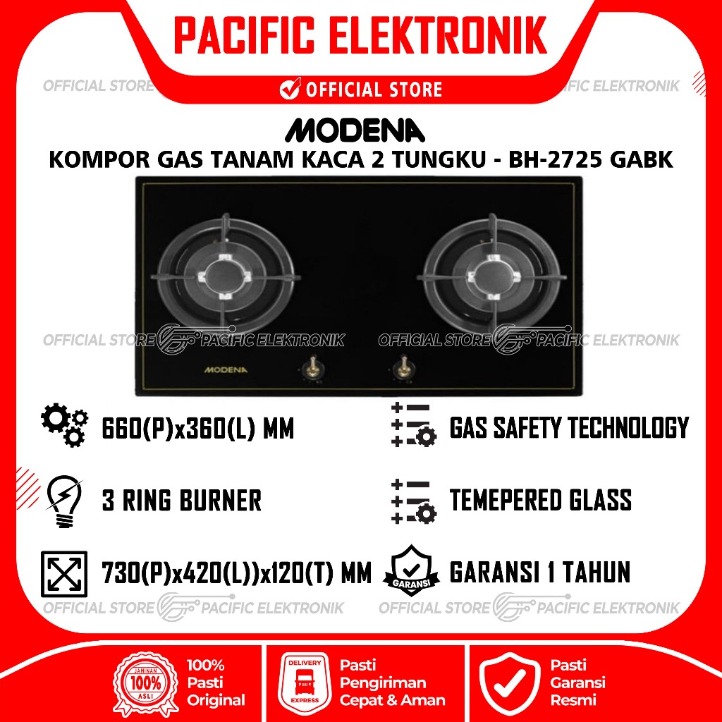 Kompor Gas Tanam Modena Kaca 2 Tungku BH-2725-GABK / 2725GABK