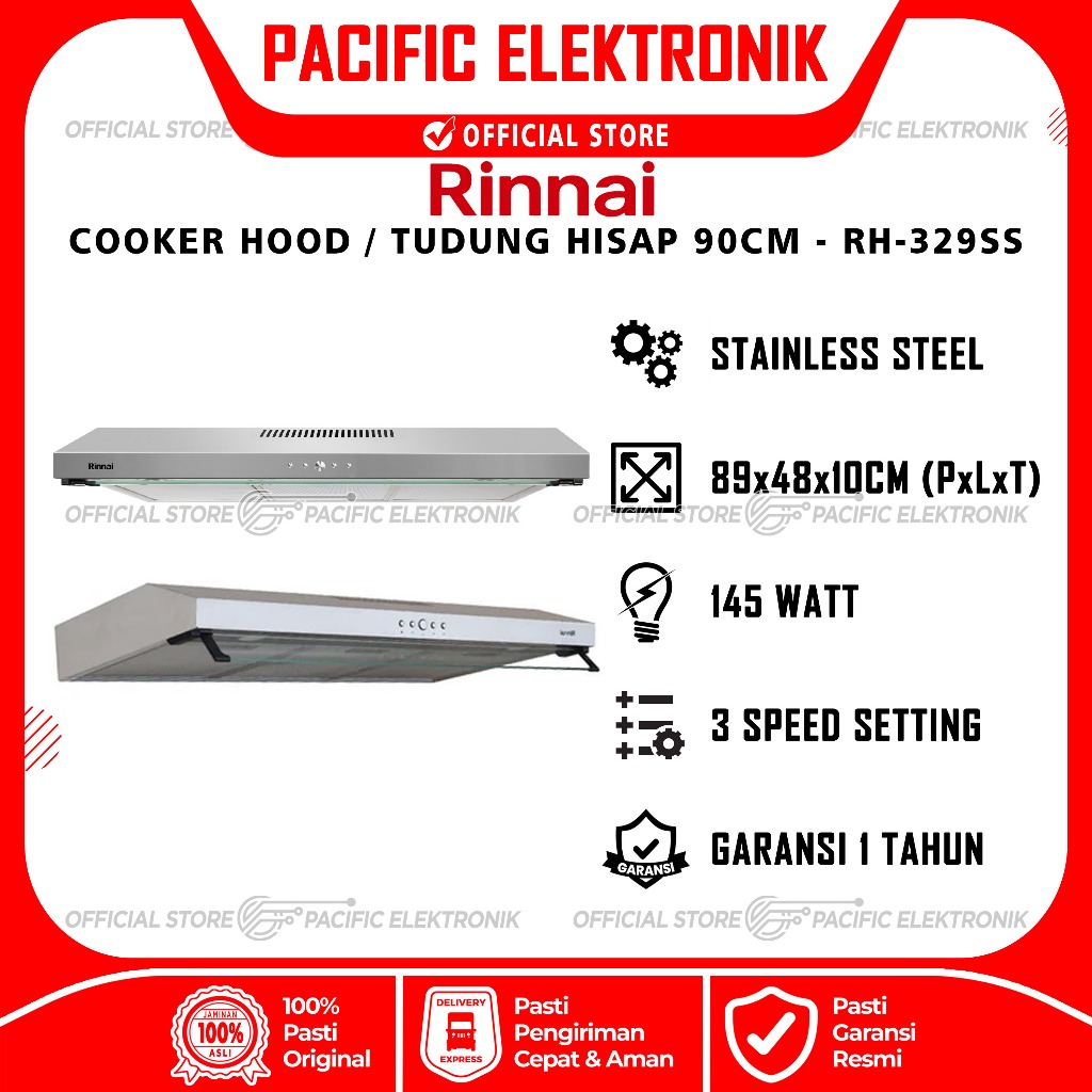 Cooker Hood Rinnai Stainless 90cm RH-329SS / 329SS