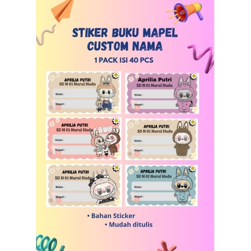 

(Isi 40pcs) Stiker Buku Mata Pelajaran Labubu | Stiker Mapel Custom Nama