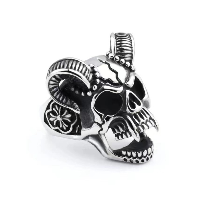 COD❤️Cincin Tengkorak Pria Desain Kepala Domba  Retro Gaya Punk Sliver Titanium Untuk Unisex-Cl