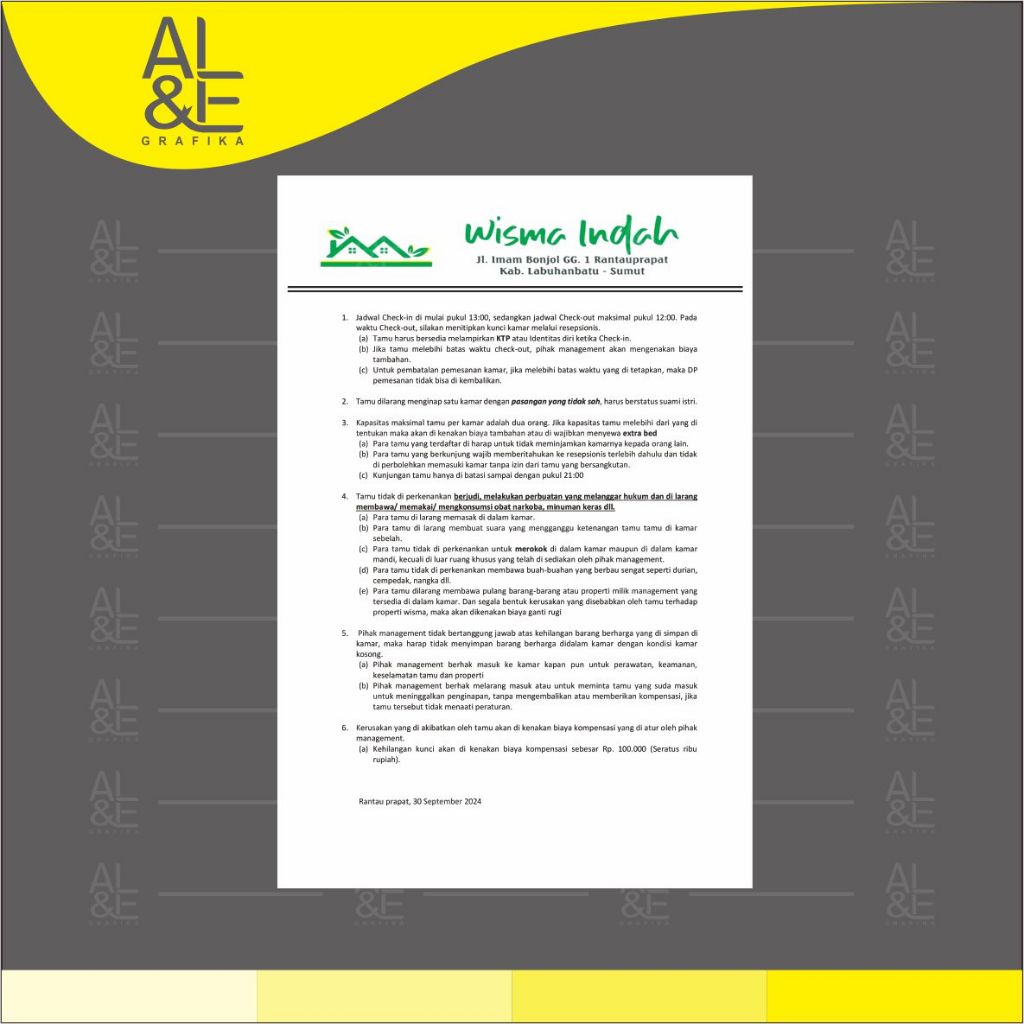 

Wisma Indah - Stiker Peraturan Wisma Indah, Sticker Vinyl, Premium, Tahan Air