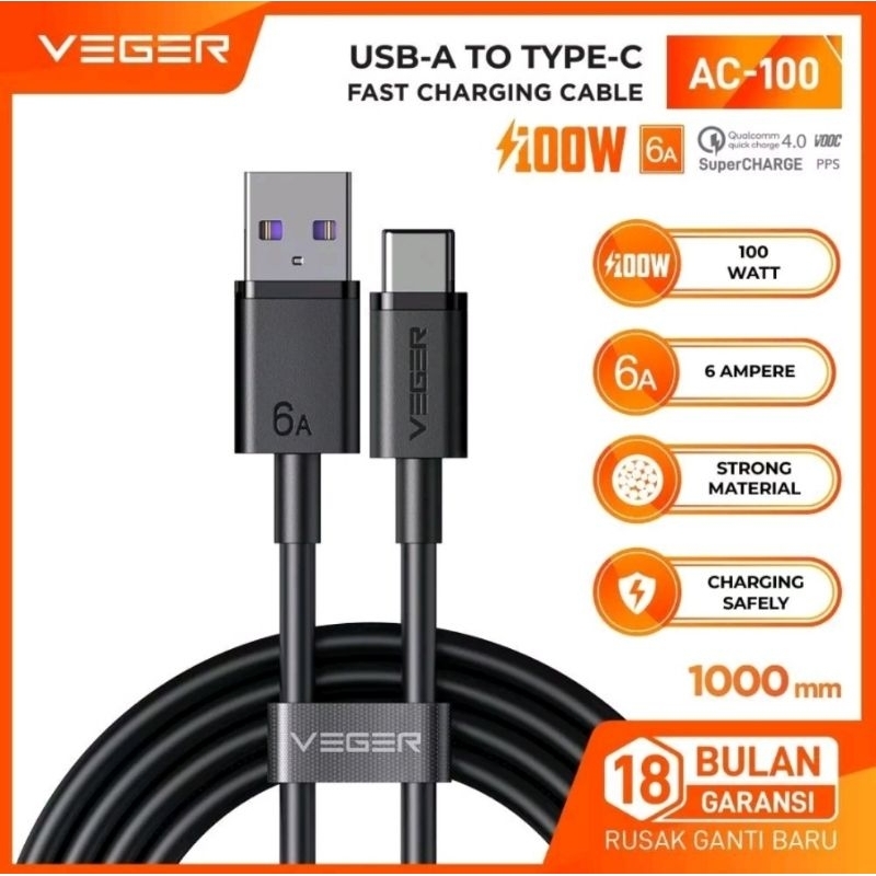 KABEL DATA ORI VEGER FASTCHARGING TYPE-C 6.A/100W QC4.0