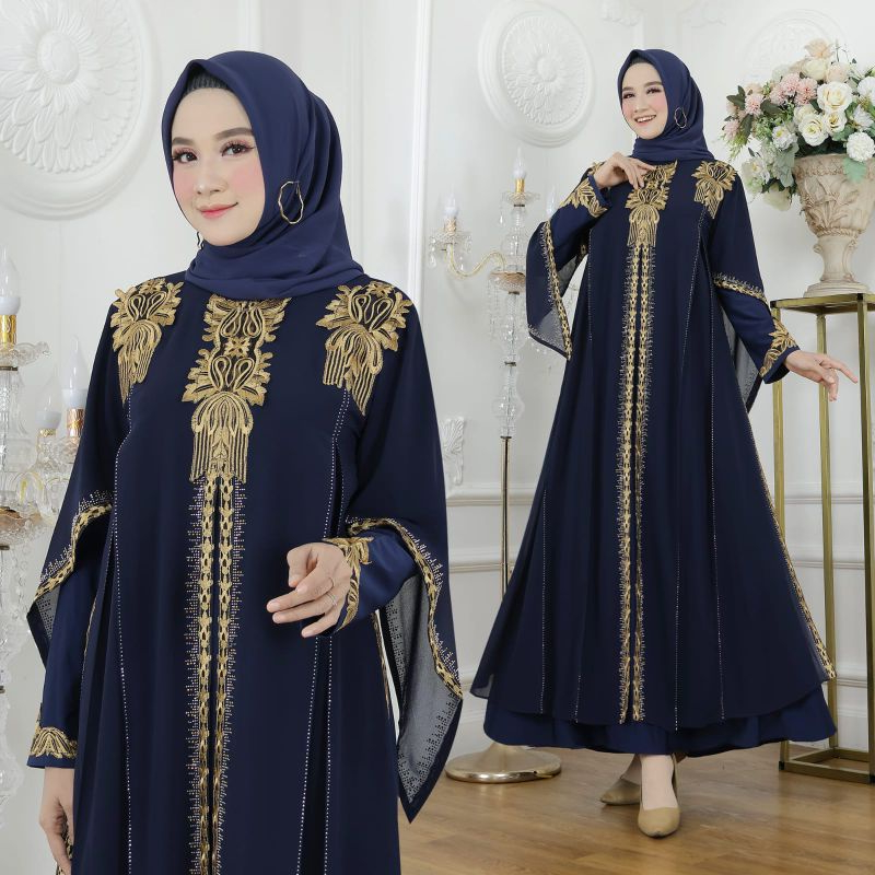 Gamis Abaya Turkey Navy Bahan Jersey Mix Ceruty Bordir / Baju Busana Maxi Dress Muslim Wanita - Rose