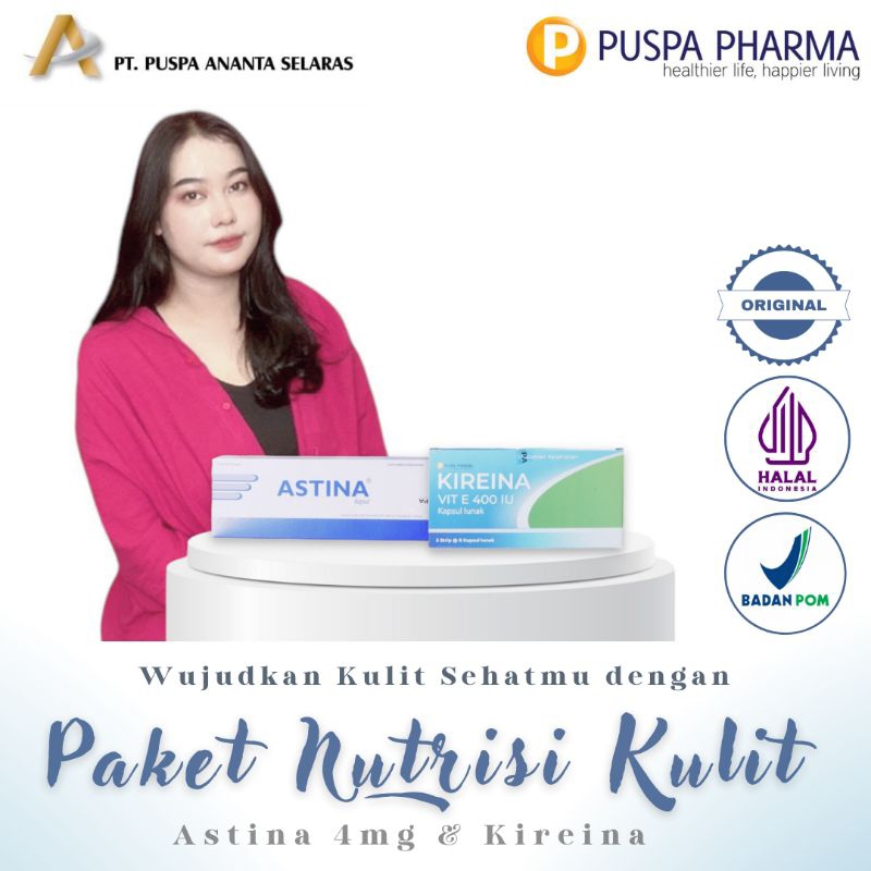 Paket Nutrisi Kulit - Astina 4mg "Astaxanthin 4mg" (3 Strip - 30 Capsule) + Kireina Vitamin E 400 IU