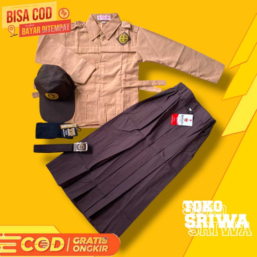 SETELAN SERAGAM PRAMUKA SD CEWE PANJANG KOMPLIT + TOPI