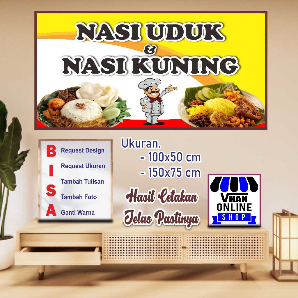 Cetak Spanduk Banner Custom Jualan Nasi Kuning dan Nasi Uduk