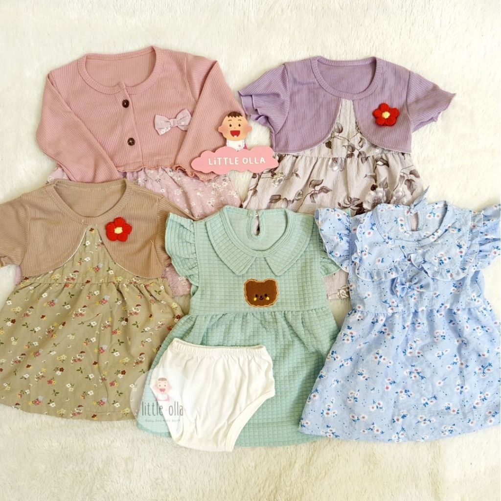 LITTLE OLLA -  Dress Bayi Perempuan 3-12 Bulan / Dress Bayi Korean Style / Dress Bayi Lengan Pendek 