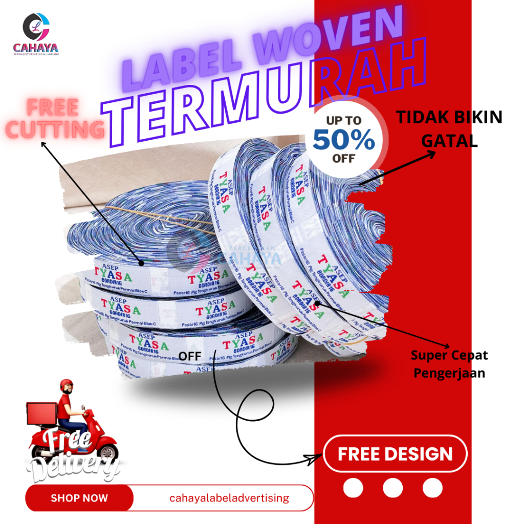 

1.5x5 cm woven damask, label rajut, label tenun, label hijab, kabel baju, label krudung