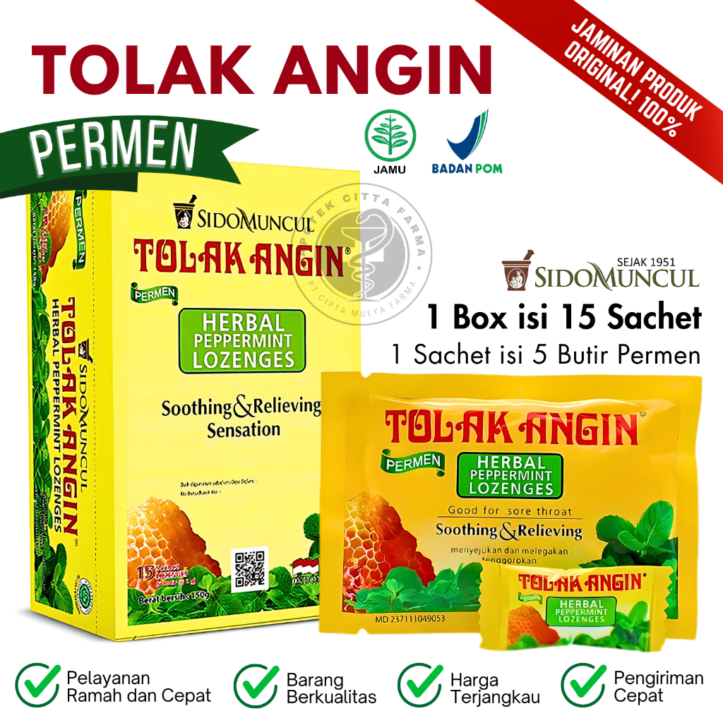 

Permen Tolak Angin 1 Sachet Isi 5 Butir Permen / Sido Muncul / Melegakan Pernafasan