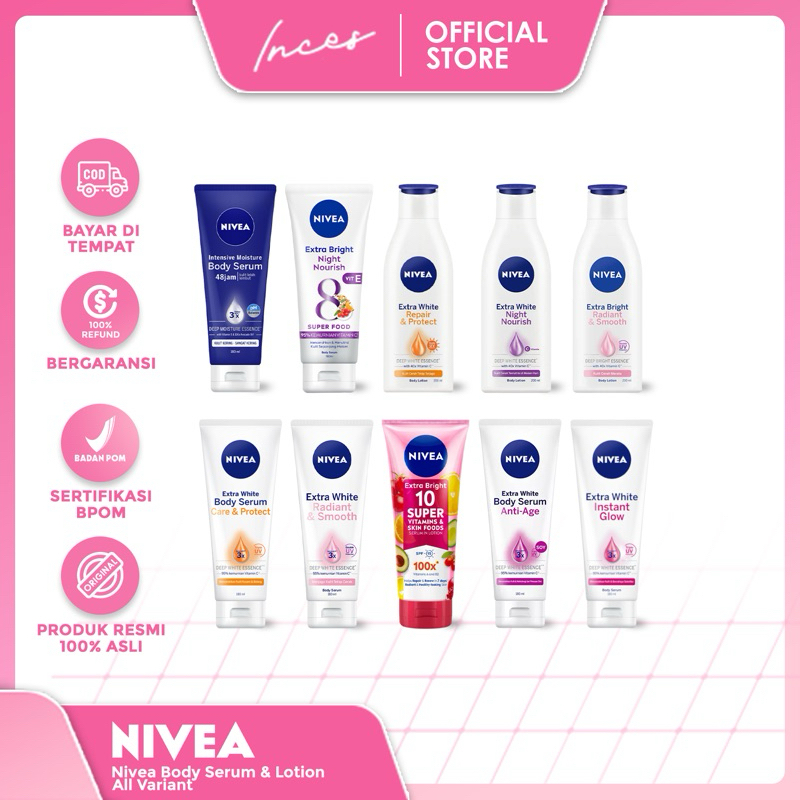 INCES -  Nivea Body Serum Care & Protect, Instant Glow, Radiant, Intensive Moisture, Night Nouri