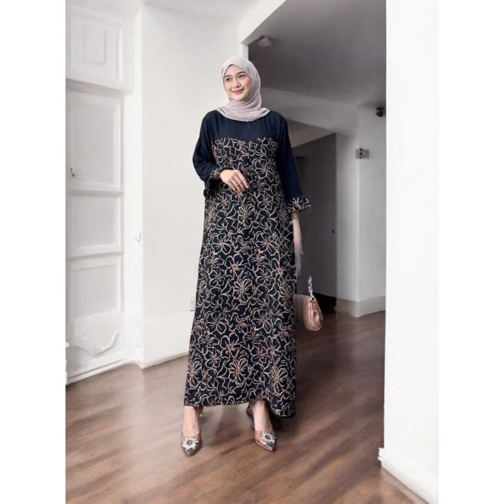 Daster Midi Dress Rayon Rempel Busui Lengan Panjang Kekinian Homedress Batik