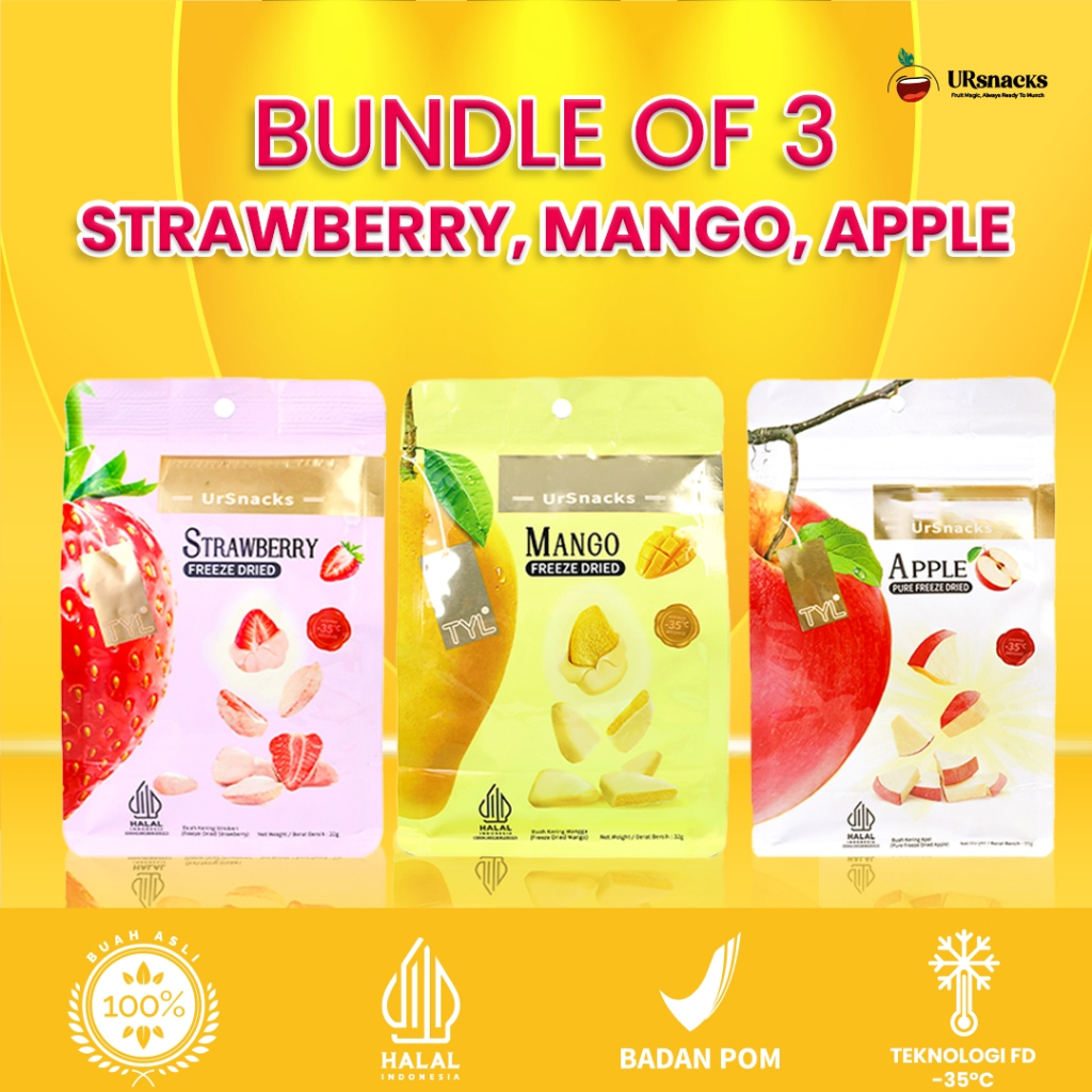 

[RS] URSNACKS BUNDLE 3 (Manggo + Strawberry + Apple) Freeze Dried Fruit Keripik Buah Kering Sehat