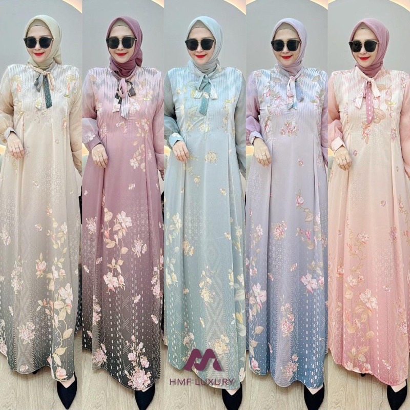 ready hmf luxury original gamis organza becca dress original terbaru hmf