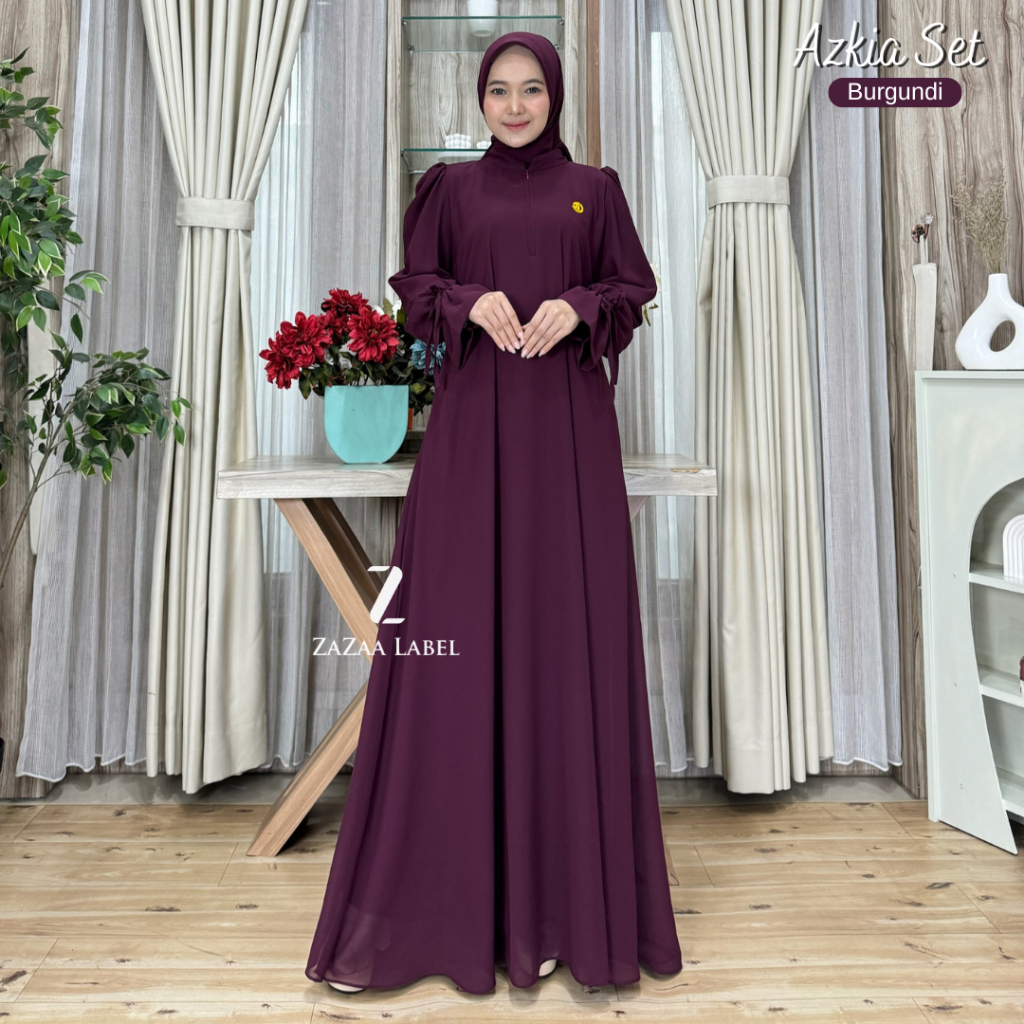 Zazaa Label - Azkia Set Gamis Hijab Motif Polos Bahan ceruti babydoll Busui Pesta Mewah