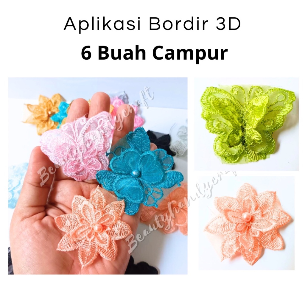 6pcs Aplikasi Jahit Bordir 3D tempelan hiasan motif baju bunga dan kupu