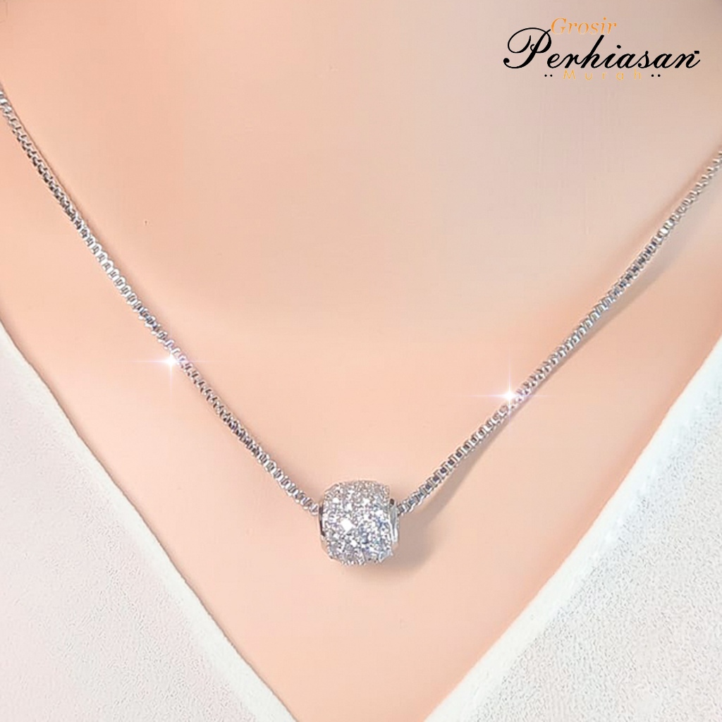 Kalung Set Liontin Bola Full Permata Perak Perhiasan Wanita