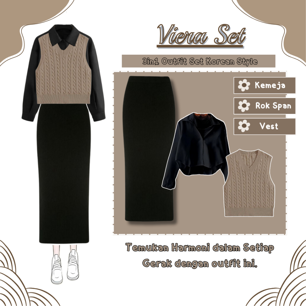 One Set Wanita Kekinian Setelan Baju (Kemeja Crop + Vest Rajut + Rok Span) Outfit Kece Kerja - LB020