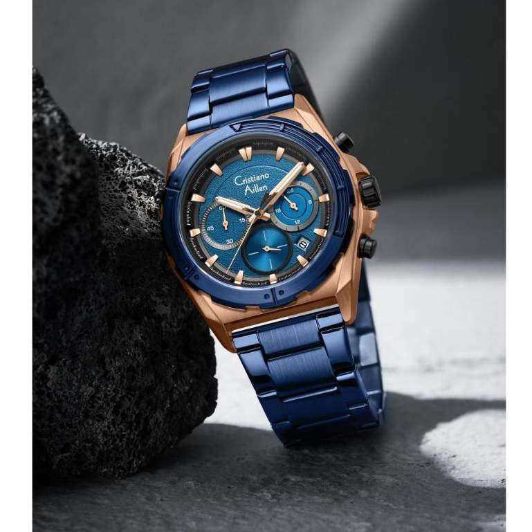 (BISA COD) Jam Tangan Pria Cristiano Aillen seri 8901 Original kaca sapphire rantai crono aktif