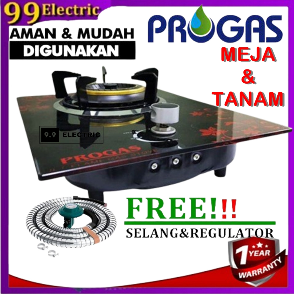 [COD]Kompor Gas Tanam Kaca Progas 1 Tungku +Selang Gas+Regulator Meter Kompor 1 Tungku Api Bara Komp
