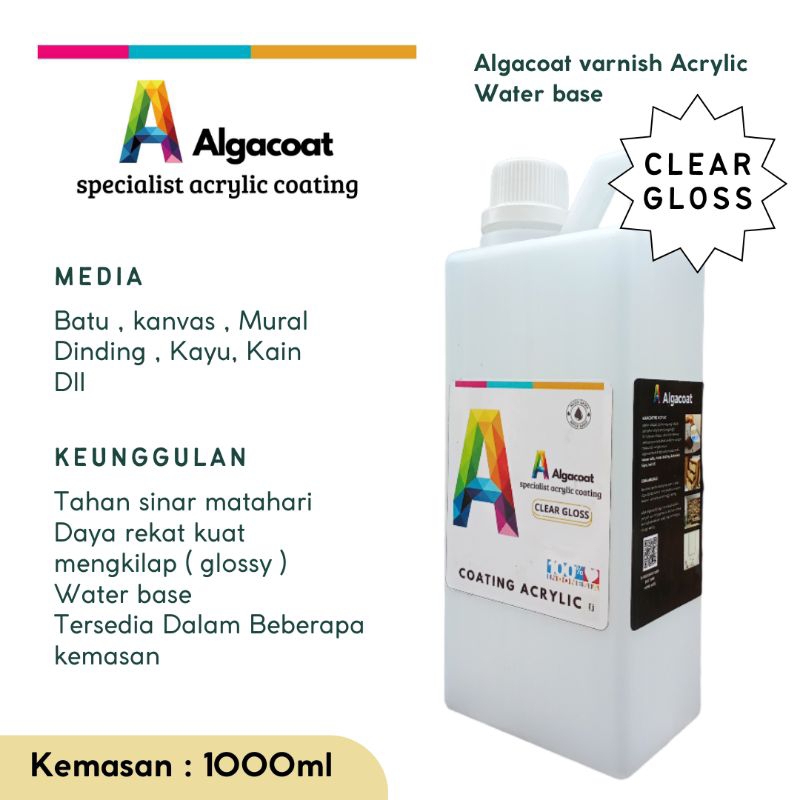 Algapaint vernis batu /vernis kayu/vernis clear Gloss/coating kayu/coating batu/coating cat lukis/ve