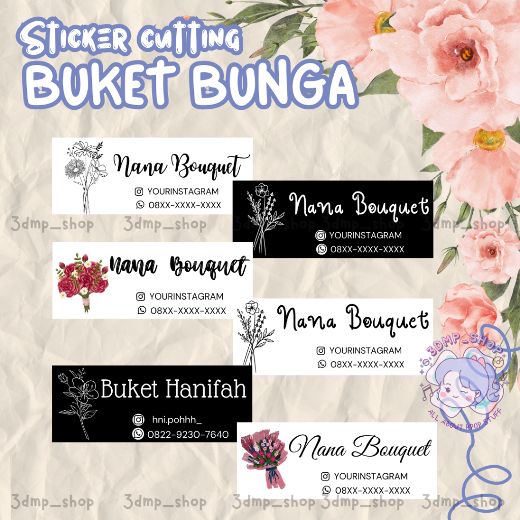

Stiker A3 Cutting Bontax Chromo Label BUKET BUNGA Kemasan Product Custom Request Desain Bucket hampers wisuda kado gift ultah ulang tahun