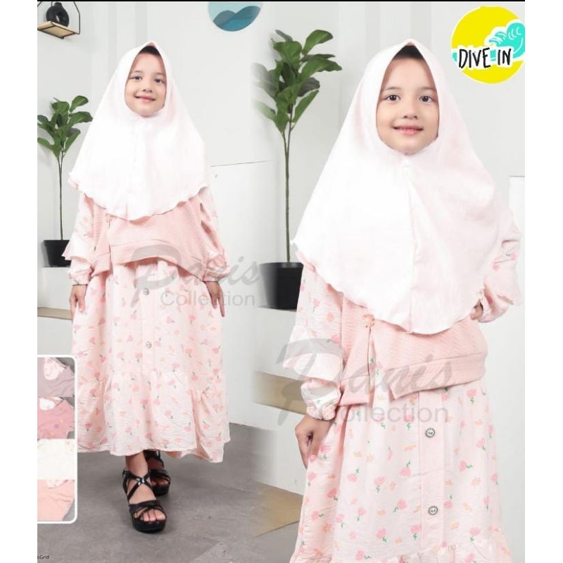 [Gamis Motif Bunga+Rompi Pisah] Gamis Anak Perempuan Set Hijab 11-12 Tahun
