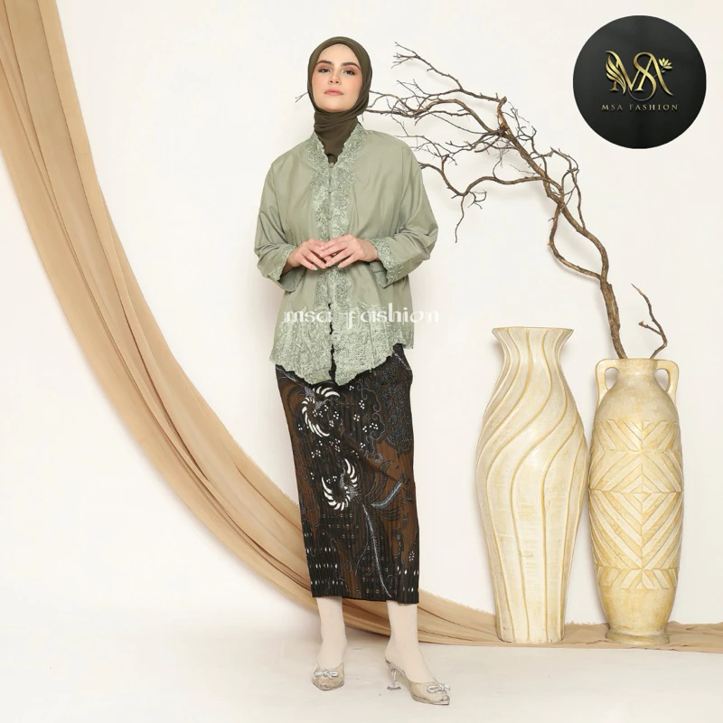 SETELAN SET ATASAN + ROK PLISKET KEBAYA ENCIM BORDIR TANGAN PANJANG POLOS WARNA/BAJU KEBAYA KATUN MO