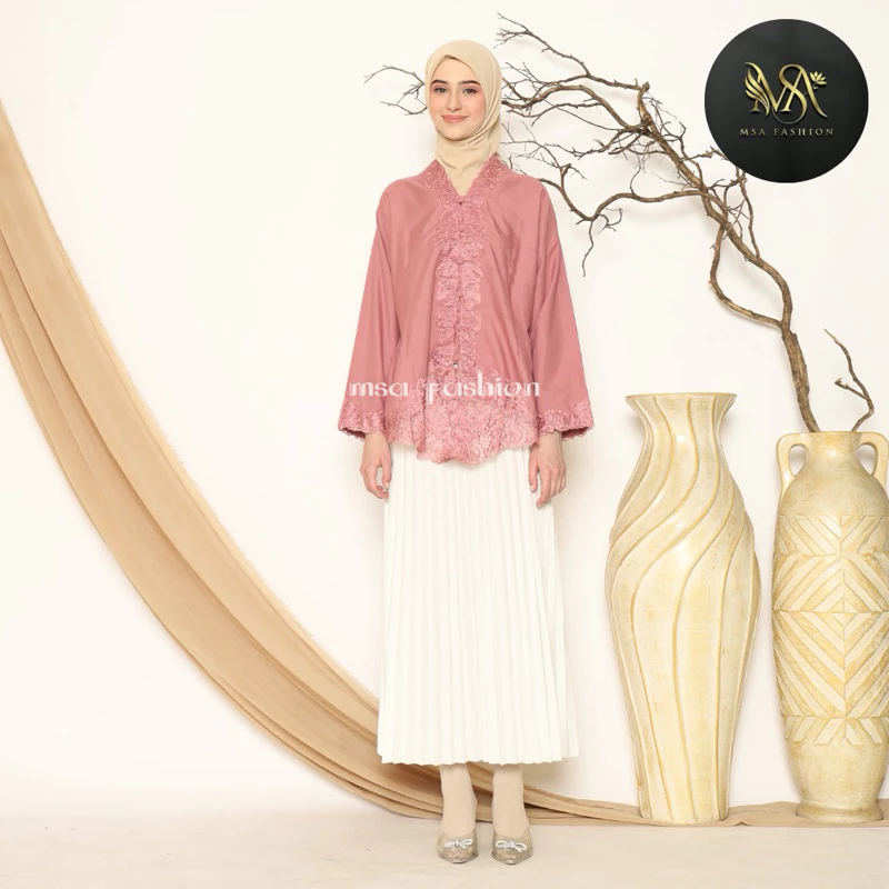 SETELAN SET ATASAN + ROK PLISKET KEBAYA ENCIM BORDIR TANGAN PANJANG POLOS WARNA/BAJU KEBAYA KATUN MO