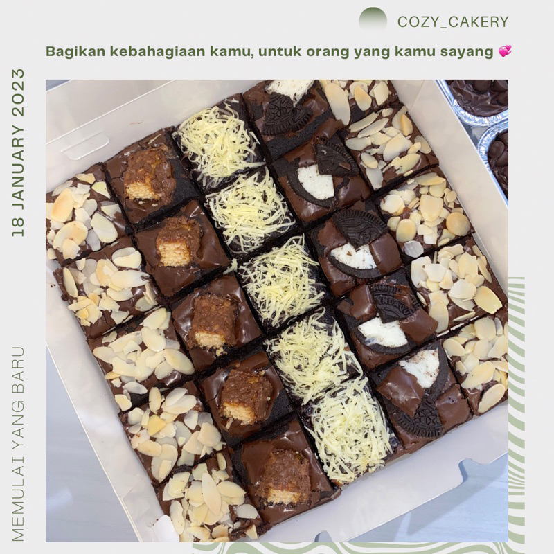 

Fudgy Brownies Cozy Cakery premium almond kacang bengbeng oreo cheese keju ukuran 20x20 isi 25 pcs kue ulang tahun Tangerang Jakarta cemilan