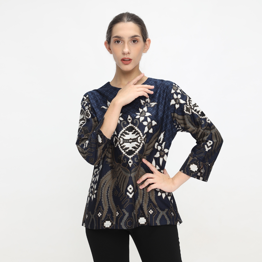 Blouse Batik Wanita Atasan Batik Wanita Lengan Panjang Warna Dasar Navy OLR233