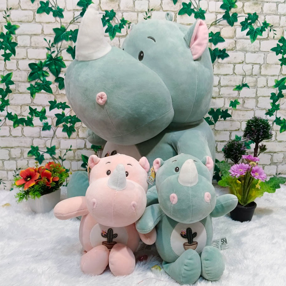 Boneka Badak Rhino Jumbo Premium Lucu Warna Hijau Pink 30 dan 75 cm