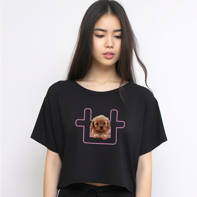 LTE34 Kaos Crop Top Oversize Tshirt Wanita Instacool OLC Gambar Anjing "Poodle Pink Logo" Hitam