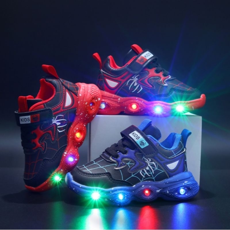 K3202 Sepatu Sneakers Anak Led Lampu Laki laki Cowok Sekolah Superhero Spiderman