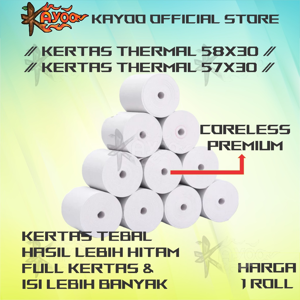 

KAYOO KERTAS THERMAL STRUK KASIR PAPER ROLL TERMAL EDC 58MM THERMAL PRINTER MINI BLUETOOTH 58X30 57X30