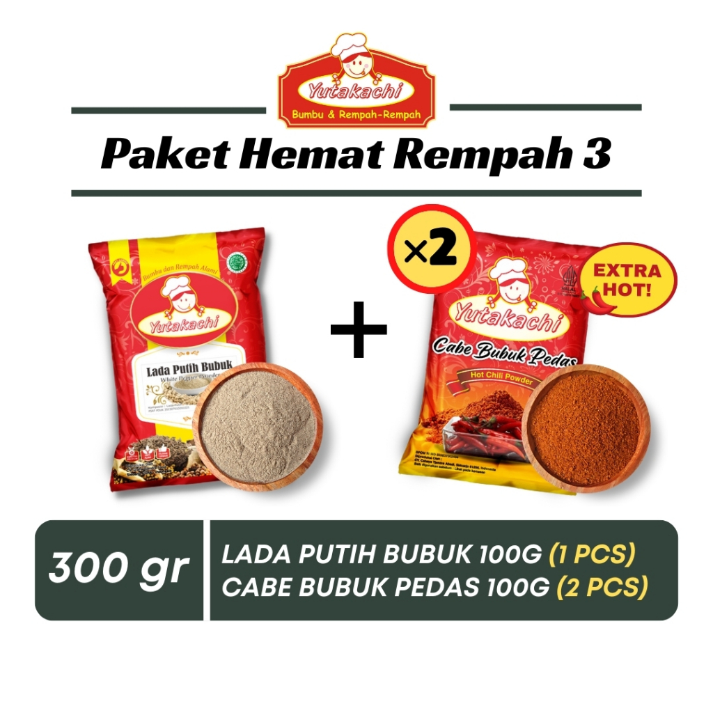 

[Paket Hemat] Rempah 3 Yutakachi / Lada Putih Bubuk 100g (1pcs) + Cabe Bubuk Pedas 100g (2pcs)