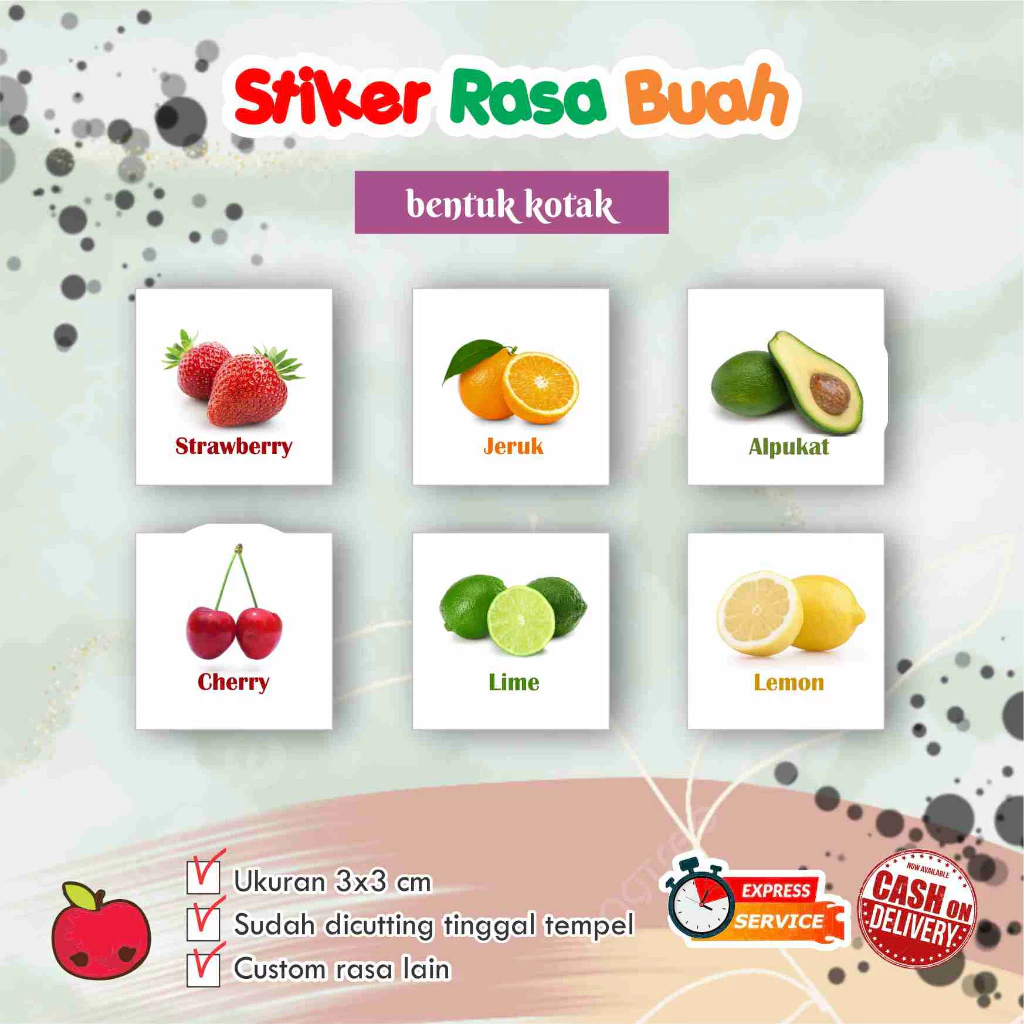 

Stiker cromo rasa makanan / rasa buah / label makanan kotak uk 3 x 3 cm