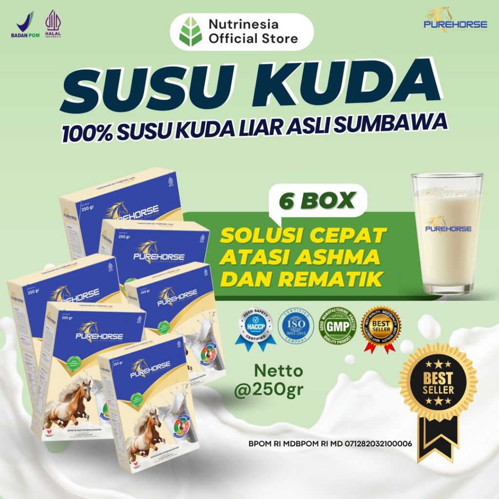 

Susu Kuda Pure Horse 100% Original dari Sumbawa Untuk Keluhan Sesak Nafas Akut dan Nyeri Sendi Berat Kemasan 250gram Paket 6 Box
