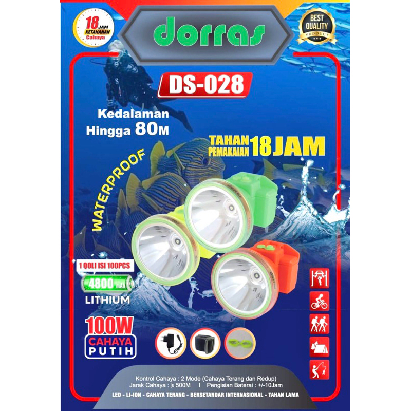 Senter Kepala Cas Waterproof DORRAS DS-028 100w Cahaya Putih